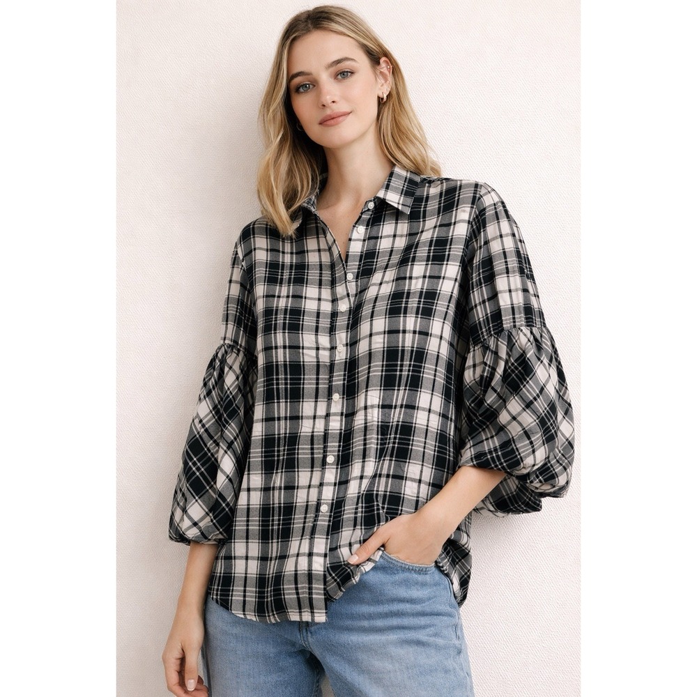 Lauren Ralph Lauren Tartan Black White Plaid Cotton Button Front Blouse Size Med